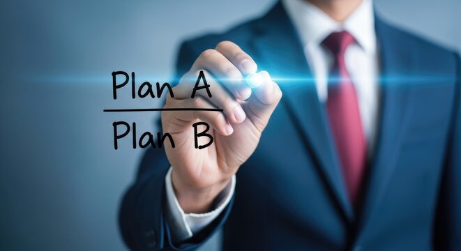 Businessman drawing plan a and plan b on transparent screen