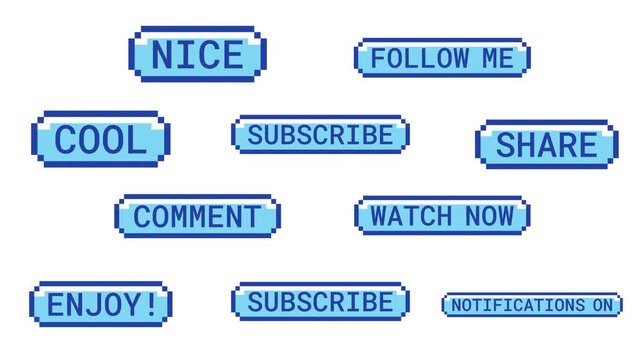 Social media engagement retro pixel buttons animation set. Streaming platform reactions. Like comment. Animated 8-bit arcade-style CTA overlays. Classic game-inspired UI call-to-action collection