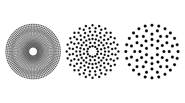 Dots geometric patterns set with concentric circles and radial designs featuring design, abstract, art with black and white elements for minimalist,