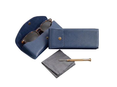 Blue leather glasses case set: one open with sunglasses, one closed, with cleaning cloth and screwdriver, transparent.