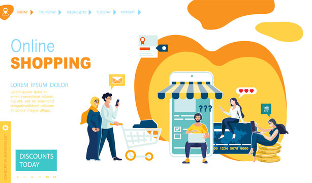 Shopping, people discounts, yellow green template design. Web page design for online shopping, digital marketing, teamwork, business strategy and analytics. For website development Vector illustration