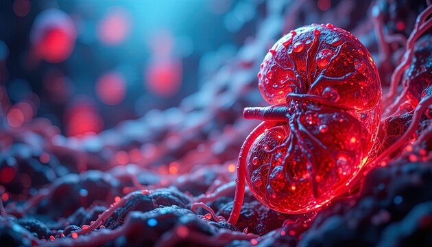 Glowing red human kidney sits amidst an intricate network of blood vessels in this microscopic view.