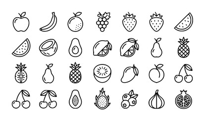 Fruits editable line icon set vector with apple banana pineapple and tropical food symbols isolated on white background © Md