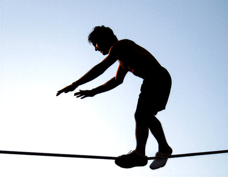 Silhouette of a person balancing on a tightrope against a clear sky during sunset or sunrise