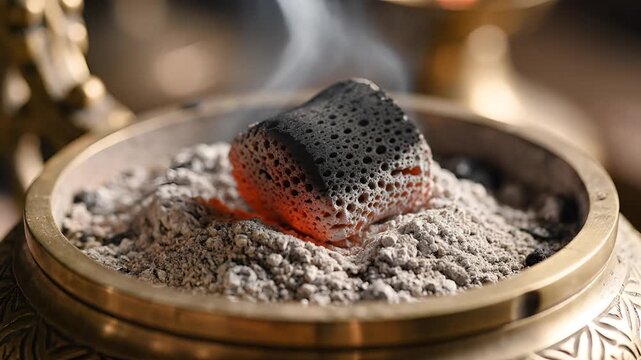 Close up of burning incense charcoal in a traditional burner with smoke rising.