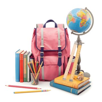 School backpack with books globe and stationery on white background