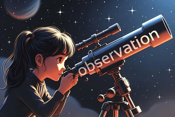 Fototapeta premium A young girl is using a telescope to observe the night sky. The setting is a starry, dark space with a planet visible.