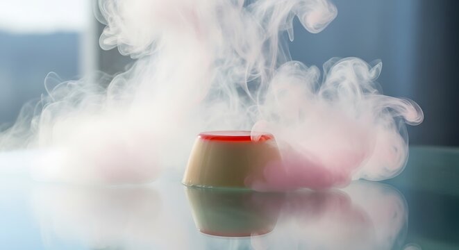 Delicious Caramel Custard Pudding with Red Topping Surrounded by Ethereal Pink Smoke Clouds