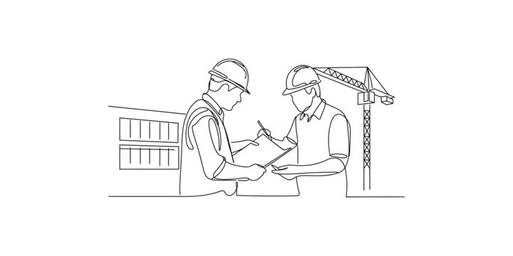 Two construction workers in hard hats discussing plans on clipboard at building site with crane