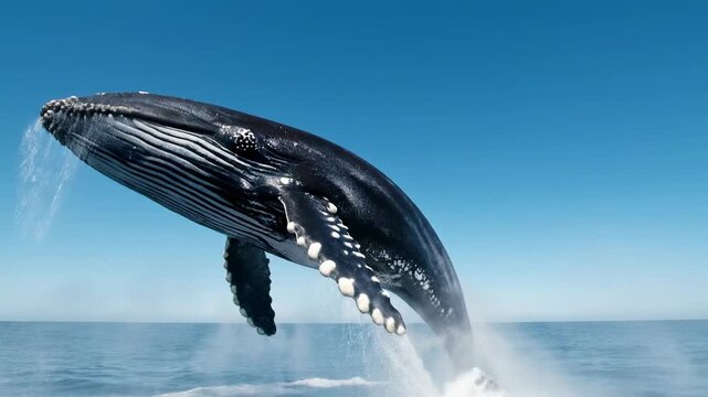 Majestic humpback whale breaches dynamically from the ocean's surface, its massive form arcing powerfully against a clear azure sky with a spectacular water spray eruption, capturing thrilling