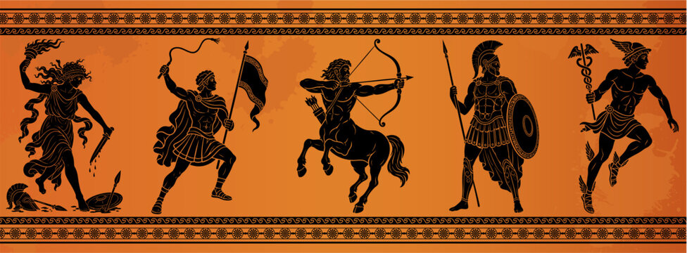 Ancient Greece mythology frieze with Erinys, Chiron centaur, Spartan hoplite and Hermes. Black figure silhouettes on antique pottery ornament vector illustration