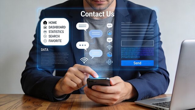 Businessman using smartphone with futuristic contact us hologram interface, digital communication technology concept, sending message or email via mobile app screen.