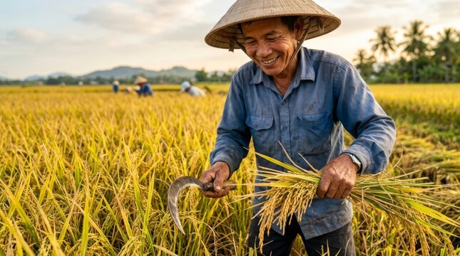 Older Asian man harvesting rice with sickle in golden field. Smiling Vietnamese farmer wearing traditional conical hat. Rural agriculture and joyful harvest season in Southeast Asia.