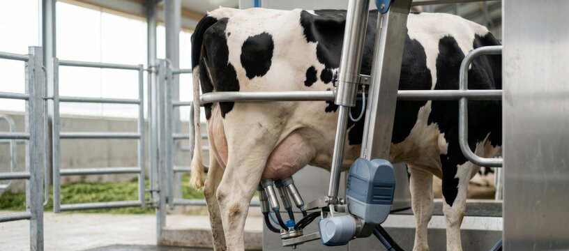 Black and white cow attached to automated milking machine in modern dairy barn. Efficient livestock farming technology for milk production and agriculture.