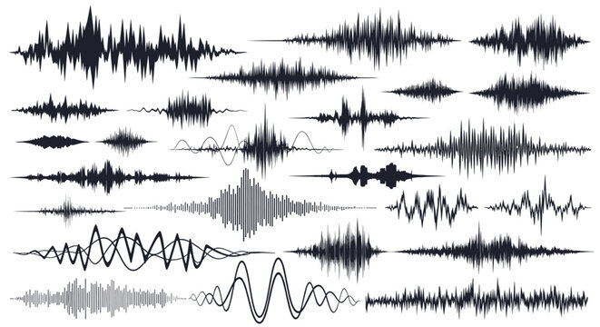 Comprehensive collection of black audio waveforms and sound signal patterns are displayed on a white background.