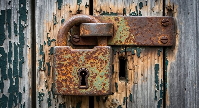 Old rusty lock on wooden door.