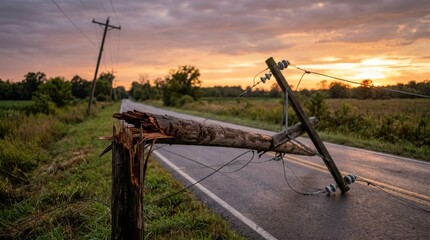 Naklejka premium Leaning broken wooden utility pole with dangling power wires across rural asphalt road at sunset. Damage from severe storm in countryside