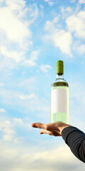 Obraz premium Hand presenting white wine bottle with blank label against blue sky. Concept of wine packaging, spring beverage promo, outdoor lifestyle ad, winery branding, and clean copy space.
