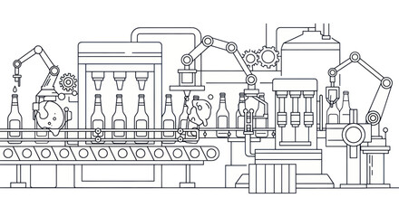 Naklejka premium Automated Bottling Line: Factory Production with Robotic Arms and Conveyor Belt