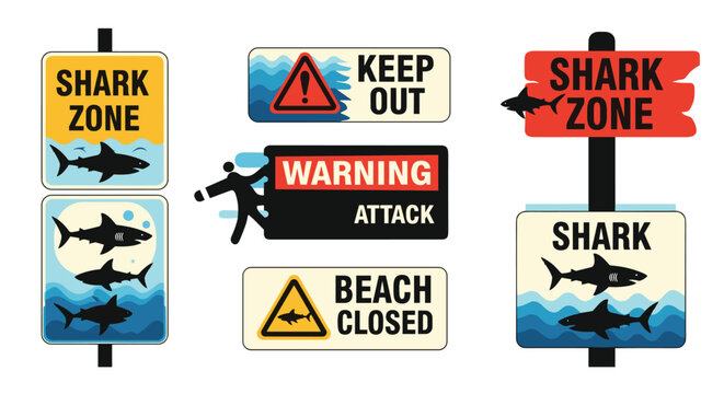 Set of various shark warning and beach safety signs indicating danger zones and closed areas due to predator activity.