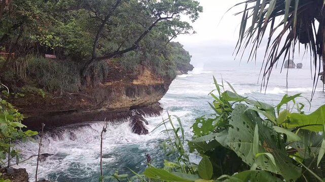 Dramatic rocky tropical coastline with lush green vegetation and waves crashing against cliffs under cloudy sky, located at Tanjung Penyu beach, East Java, Indonesia.