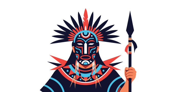 Striking portrait of an indigenous warrior wearing a traditional feather headpiece and face paint holding a spear.