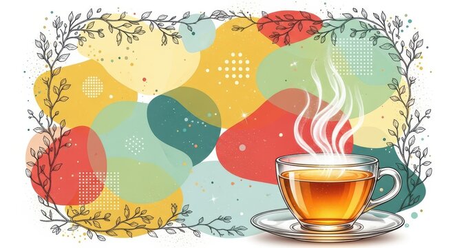Artistic Illustration of a Steaming Glass Cup of Tea on a Colorful Abstract Background wit