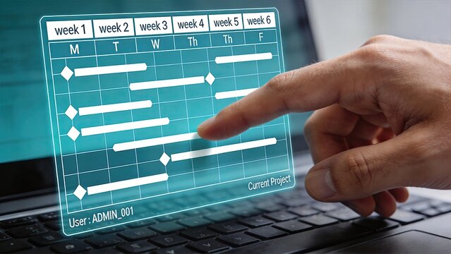 Interactive gantt chart schedule planning interface on transparent screen, project timeline management with weekly grid layout, user finger touching digital display for task