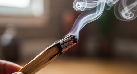 Naklejka premium Closeup of a hand holding burning Palo Santo stick with smoke rising.
