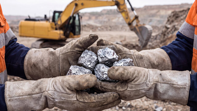 Mining Workers Holding Raw Silver Ore Rocks at Open Pit Mine Excavation Site with Heavy Excavator Machinery in Industrial Quarry Background during Mineral Extraction
