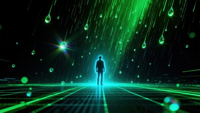 Silhouette in digital rain environment