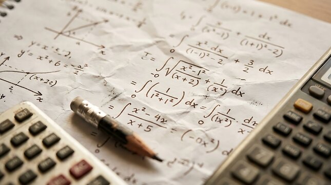 A detailed mathematical equation sheet with a pencil and calculators on a table.