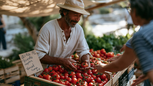 Weekend farmers market vendor weighing heirloom tomatoes at vibrant colorful produce stall, handwritten varietal signage leaning against stacked crates, buyers reaching forward to select fruit, dapp