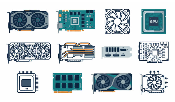 Vector Icon Set Graphics Cards: Detailed Illustrations of GPU Components, Computer Hardware Engineering, Video Card Cooling Systems, and PC Gaming Technology Symbols