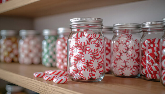 Glass jars filled with red and white peppermint candies on shelf  