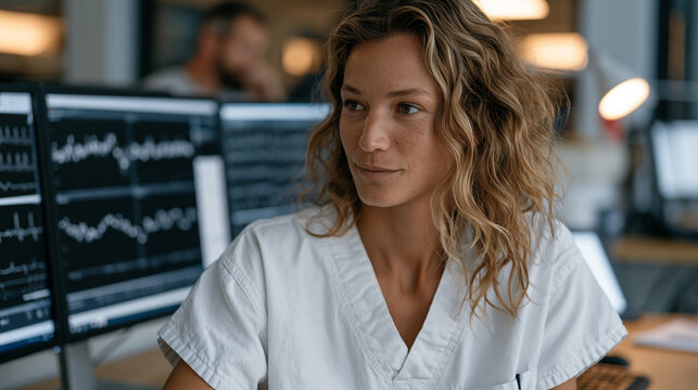 Telehealth nurse reviews incoming remote patient monitoring alerts from a rural home-based cardiac cohort at a centralized command hub, escalating two waveform anomalies to an on-call cardiologist w