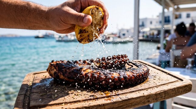 Grilled Octopus with Fresh Lemon Squeezed Over it by the Sea