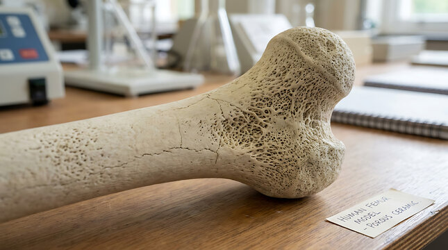 Detailed ceramic bone model showcasing porous internal trabecular texture on a wooden surface