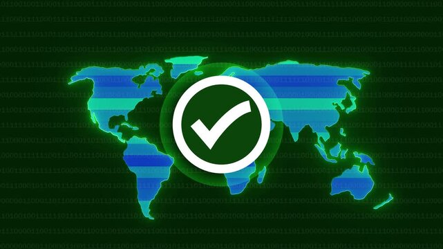 Digital world map with green binary code and white check mark. World map globe earth. Professional world map for global network verification and secure international data connection.