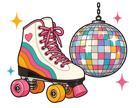 Retro style roller skate with rainbow stripes and colorful mirror disco ball with glittering stars colorful activity equipment nostalgia entertainment