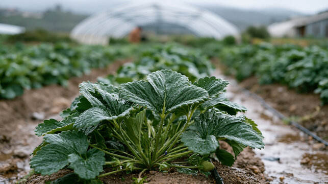 Rain-soaked strawberry fields with irrigation sensors visible between raised beds, farm data analyst sheltering under translucent polytunnel reviewing harvest readiness algorithm output on ruggedize