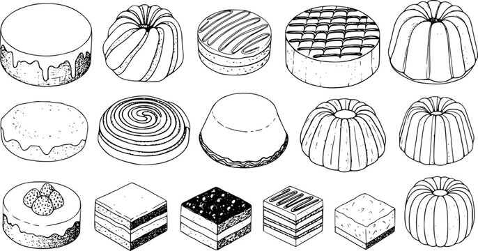 Hand-drawn assortment of desserts, cakes, and pastries in black and white pastry