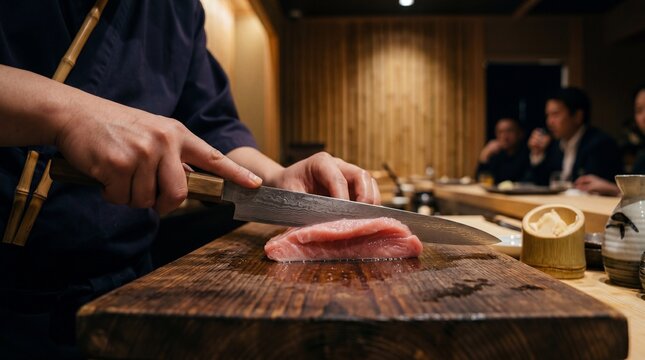 Sushi chef slicing fresh tuna with a Japanese knife at a sushi bar