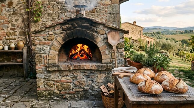Rustic stone wood-fired oven with burning fire, fresh sourdough bread loaves on wooden table, traditional outdoor bakery in countryside