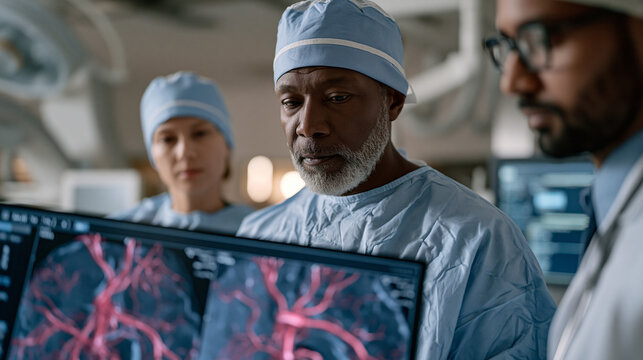 Neurosurgical team reviews a patient-specific brain aneurysm three-dimensional reconstruction in an interventional suite prep area, the attending rotating a vessel rendering to assess coil deploymen