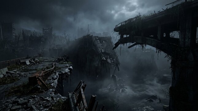 Abandoned Cityscape With Destroyed Bridge