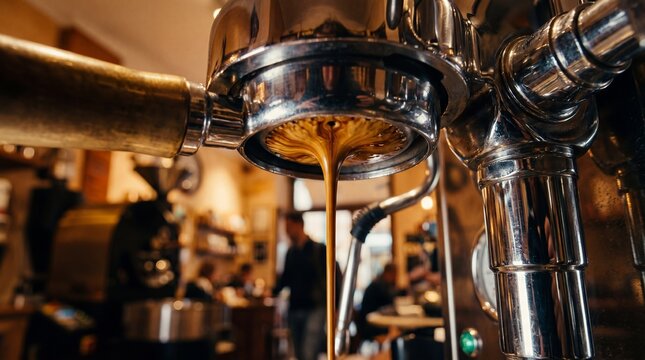 Close up of Espresso Extraction from Professional Coffee Machine