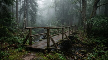 Fototapeta premium Misty Forest Wooden Bridge Over Stream