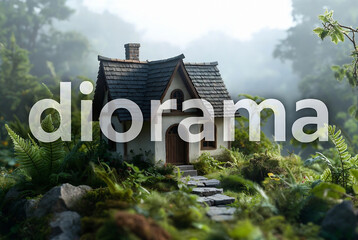Fototapeta premium The image displays the word “diorama” overlaid on a detailed, mossy forest scene with a small cottage.