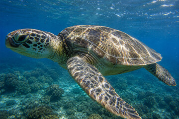 Fototapeta premium Turtle in marine. Orange corals in the background. Colorful pattern, texture, wallpaper, panoramic underwater view. Concept art, graphic resources, macro photography